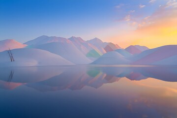 Serene mountain range reflecting in water under a pastel sunrise creating a peaceful scene