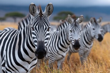 Naklejka premium a large herd of zebras and other animals on the african plains, surrounded by clouds