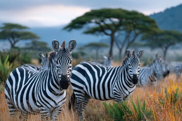 Naklejka premium a large herd of zebras and other animals on the african plains, surrounded by clouds