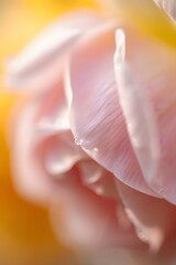 Soft focus close up of a pink rose with yellow background and delicate water droplet on petal