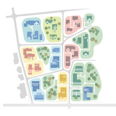 Fototapeta premium A colorful, detailed illustration depicts a modern city plan, showcasing buildings, green spaces, and road networks in an organized layout.