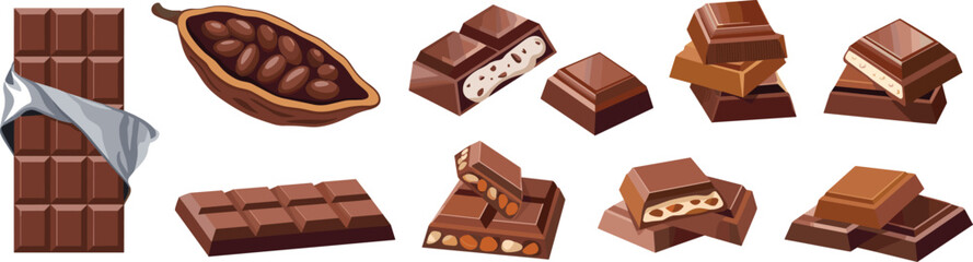 Assorted chocolate bars and cocoa pod illustration showing milk, dark, and nut-filled chocolates in various shapes and textures for confectionery design