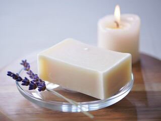 Still life of soap, lavender, and candle creating a calming and relaxing atmosphere