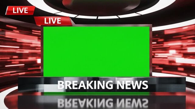 Dynamic breaking news studio set with green screen for seamless integration, perfect for professional broadcasting and news reporting videos