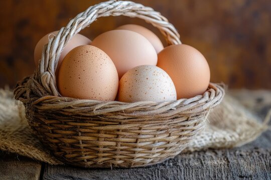 A rustic wooden basket filled with a variety of eggs, including speckled and speckled brown eggs, nestled on a wooden surface.