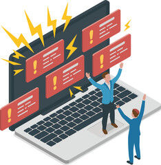 multiple warning notifications flooding a laptop screen as businesspeople react to system errors, digital threats, and urgent alert messages
