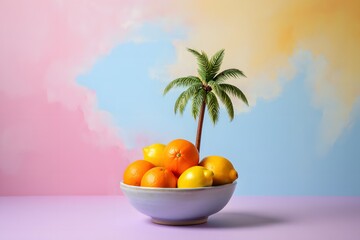Tropical fruit bowl with miniature palm tree against colorful backdrop scene