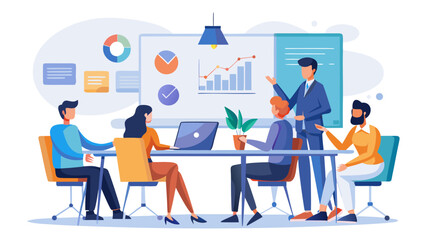Fototapeta premium Diverse business team analyzing data on digital dashboard during collaborative meeting in modern office