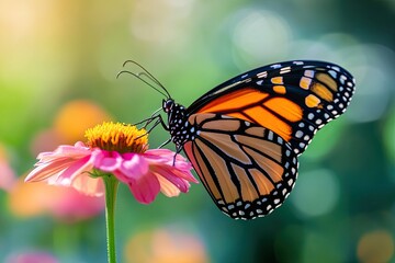 Fototapeta premium A monarch butterfly perched on a pink flower, its wings spread wide in a display of vibrant orange and black patterns.