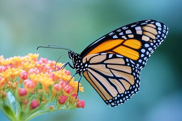 Naklejka premium A monarch butterfly is perched on a cluster of colorful flowers, its wings spread wide as it feeds on nectar.