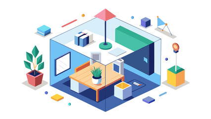 Obraz premium Isometric office cubicle with desk, chair, and plants