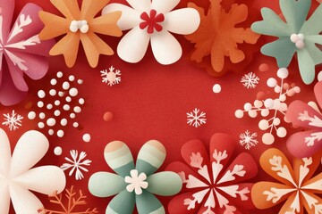 Vibrant paper flowers and snowflakes framing a festive red background for holiday décor