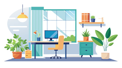 Fototapeta premium Bright modern home office workspace with computer, plants, and natural lighting for productivity and remote work