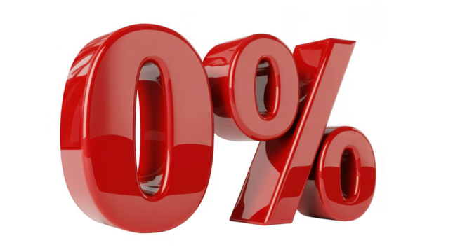 Shiny red 3 D zero percent symbol with reflections isolated on a transparent background - Powered by Adobe