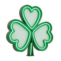 Green neon shamrock sign with glowing hearts for festive decoration and celebration