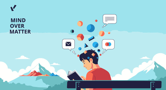 A focused individual reads a book in a peaceful outdoor setting, visualizing abstract ideas and communication concepts, embodying the power of mind over matter.