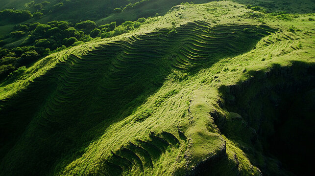 Fototapeta Aerial quadcopter view of a gentle mountain slope covered with grassy terraces forming soft waves in the landscape, creating a peaceful natural pattern with smooth elevation lines.