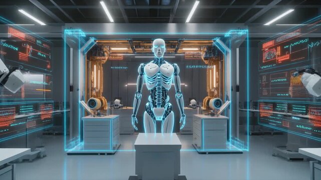 Robot prototype displayed in a futuristic laboratory setting with advanced technology and robotic equipment surrounding it from various viewpoints