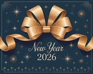 Elegant golden ribbon bow adorns a festive dark blue background celebrating the arrival of new year 2026 with sparkles