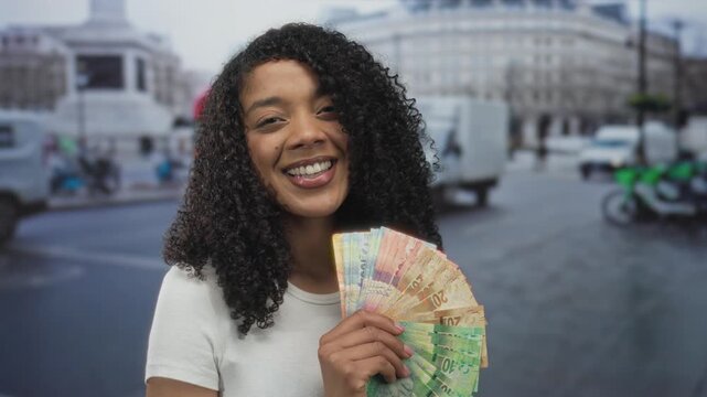 Woman smiling while holding rand banknotes on crowded city street in daylight; wealth ambition confidence.