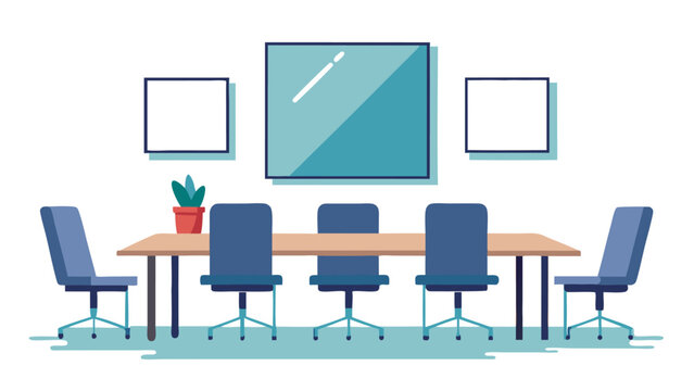 Modern minimalist office meeting room with wooden table, blue chairs, and digital screen setup