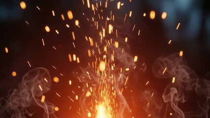 Cozy bonfire burning brightly at night with fiery sparks ascending into the dark sky, warm outdoor campfire scene.