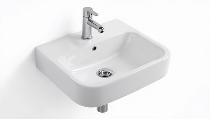 Fototapeta premium Modern minimalist white ceramic bathroom sink with chrome faucet and clean wallmounted design for contemporary interiors