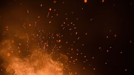 Fiery orange sparks rising through a luminous smoke plume on a dark background, abstract particle effect.