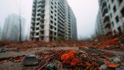 Obraz premium Hazard Radioactive Impact concept. Abandoned buildings surrounded by overgrown vegetation in a misty atmosphere.