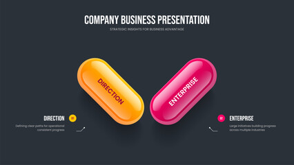 Visual Performance Two Option Diagram Slide Design. Marketing Innovation Frame Layout Vector Illustration. Modern Plan 2 Element Infographic Slideshow Template.