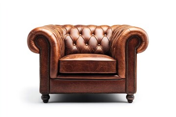 A classic brown leather armchair with a tufted backrest and rolled arms, set against a white wall with a wooden floor.