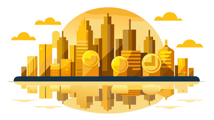 Golden cityscape with coins and sunset, financial district illustration © Mdfahad