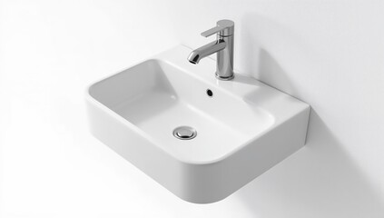 Fototapeta premium Modern white ceramic bathroom sink with minimalist chrome faucet mounted on white wall in contemporary interior