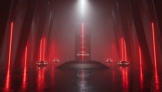 Cyber temple mockup with red light beams and metallic control tablets in mist