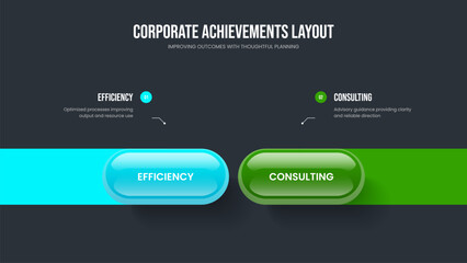 Company Development 2 Element Infographic Slide Layout. Financial Strategy Presentation Design Vector Illustration. Service Forecast Two Step Diagram Frame Template.