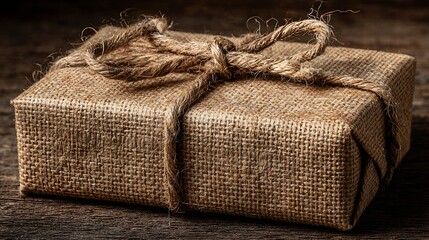 Obraz premium Rustic gift box wrapped in natural burlap with a twine bow on a wooden surface