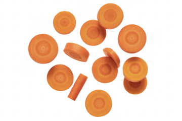 Sliced orange carrots with visible rings and texture against a black background isolated on a transparent background