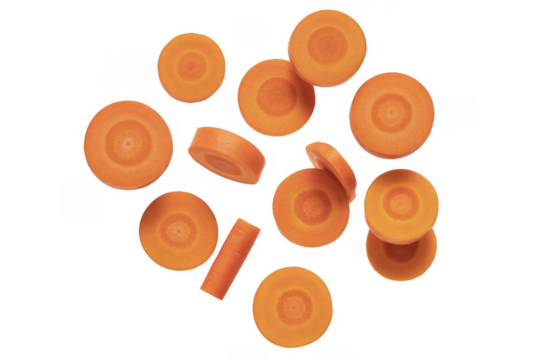 Sliced orange carrots with visible rings and texture against a black background isolated on a transparent background - Powered by Adobe