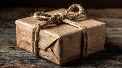 Rustic brown kraft paper gift box with natural jute twine bow on wood
