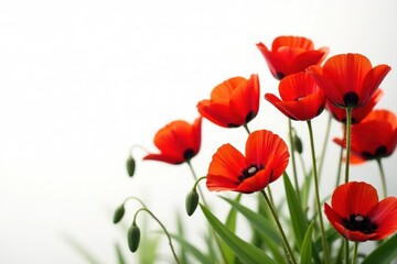 Fototapeta premium Bold red poppies against stark white, striking contrast , impactful, banner, summer