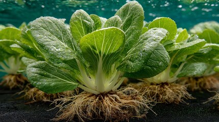 Close-Up of Fresh Bok Choy Growing in Hydroponic System with Visible Roots and Water Droplets on Vibrant Green Leaves in Controlled Environment