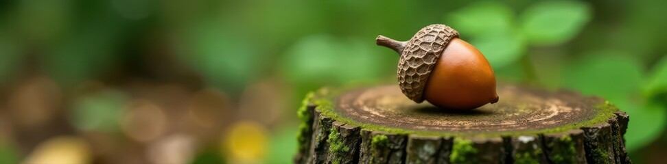 Obraz premium Close-up of acorn on mossy stump, forest floor , still life, seed