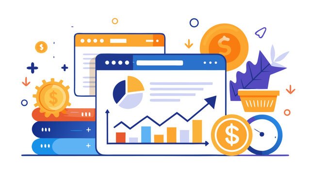 Business finance analysis with graphs and charts on computer screens
