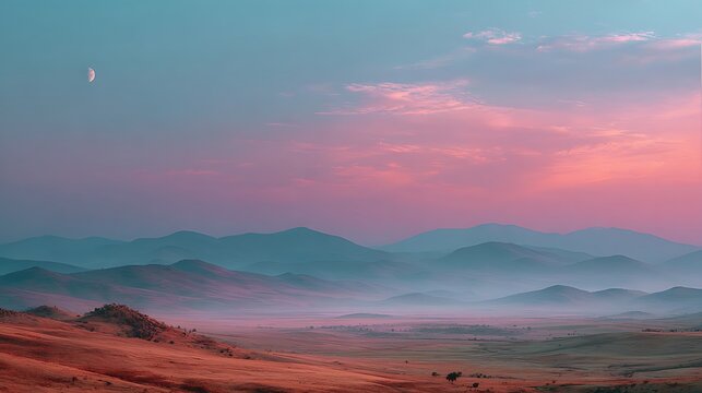 Vibrant twilight sky over rolling misty hills with a serene crescent moon - Powered by Adobe