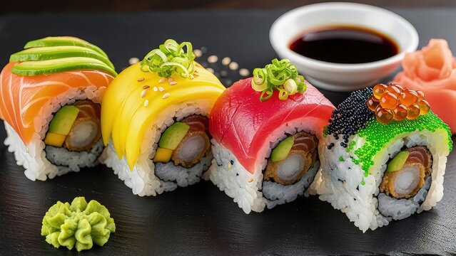 Vibrant rainbow sushi rolls with avocado and shrimp - Powered by Adobe