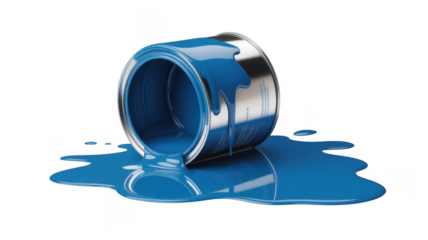 Spilled blue paint pouring from an overturned metal can onto a black surface isolated on a transparent background