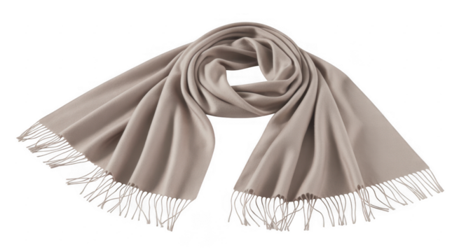 Soft beige cashmere scarf with fringe detail elegantly draped and swirled isolated on a transparent background