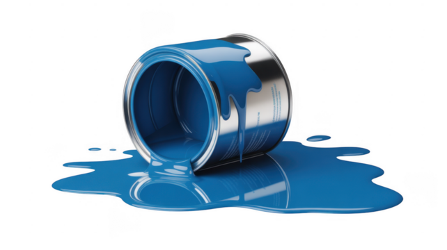 Spilled blue paint pouring from an overturned metal can onto a black surface isolated on a transparent background