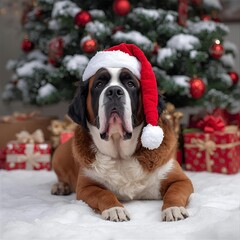 Christmas Saint bernard dog wearing santa hat