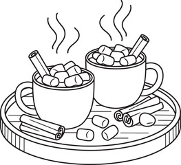 Two cups of hot drink with marshmallows and cinnamon sticks on wooden tray outline